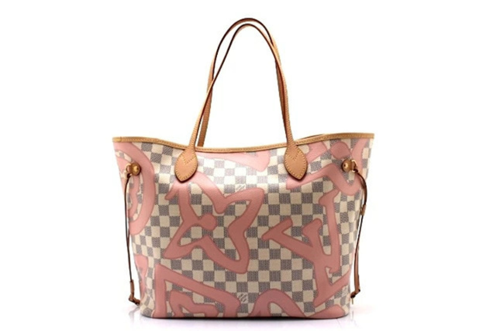 LOUIS VUITTON Neverfull Tote Bag Damier Azur White Rose Pink Ballerine